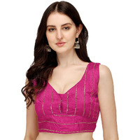 Vihu Fashion Women's Silk Embroidered Sleeveless Blouse (Batik Sequin Blouse Pink_Pink_38)