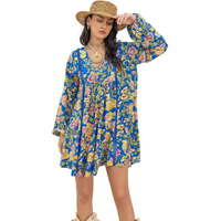 Smowkly Floral Print Bishop Sleeve Smock Dress 1246_Bl_L Blue