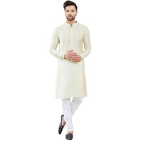 See Designs Men Full Sleeve Side Slit Cream And Gold Chanderi Silk Sequins Mandarin Collar Kurta - Sd2Kt_2430Xxl