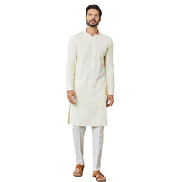 See Designs Men's Long Sleeve Mandarin Collar Side Slit Cream Embroidered Chikankari Rayon Straight Kurta With Pyjama - Sdkt256306M