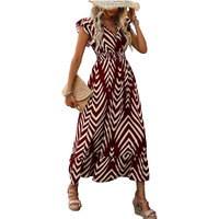 Shasmi Women's Rayon Maxi Ruffled Hem And Belted Waist (V-Neck Striped Printed Dress 140_Maroon