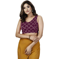 Oomph! Women's Indian Ethnic Wear Designer Bandhani Pattern Zari Work Spoon Neck Sleeveless Aubergine Purple Color Lycra Readymade Blouse For Saree Or Lehnga And Fusion Twist. M