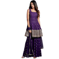 Xomantic Fashion Georgette Women's Embroiderd Work Floral Navyblue Color Weding Wear Anarkali Kurta Sharara Set (Small, Purple)