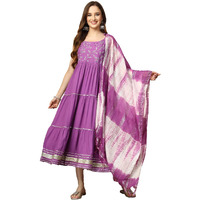 Stylum Women's Embroidered Cotton Tiered Kurta With Dupatta (Purplezingle40_Purple, L)