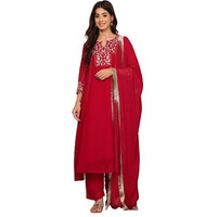 Varanga Women Magenta Embroidered Aline Kurta Paired With Tonal Bottom And Dupatta
