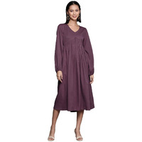 Varanga Women Mauve V-Neck Bishop Sleeves A-Line Dress With Gathered Details & Flared Hem - Calf Length (Medium)