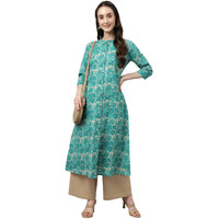 Fiorra Women's Floral Printed Teal Green Pure Cotton Straight Kurta