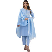 Sanisa Women's Cotton Embroidery And Mirror Work Straight Kurta With Pant And Dupatta Set (285Kbd2981N-Xl_Sky Blue)