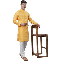 Sojanya (Since 1958 Men's Silk Blend Mustard Kurta With Multi Color Embroidery And Cream Pyjama