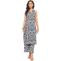 Varanga Women's Blue Ikat Printed V-Neck Sleeveless Straight Kurta With Side Slit, Paired With Tonal Printed Bottom