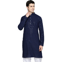 Jompers Mens Navy Chikankari Embroidered And Sequence Kurtas (Navy, L)