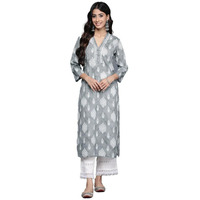 Varanga Women Grey 3/4Th Sleeve V-Neck Collared Kurta - Stylish & Comfortable (Medium)