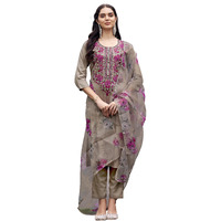 Womanista Women's Beige Color Cotton Blend Multi Embroidered Regular Fit Kurta Set With Printed Organza Dupatta(Kurtaset_1340_S)
