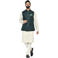 Kisah Men Green Gold Printed Kurta With Churidar Nehru Jacket, Full Sleaves, Knee Length, Straight, Regular Fit, Mandarin Collar Ethnic Wear