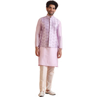 Kisah Men's Kurta Jacket Trouser Set, Lavender Art Silk, Embellished Full Sleeves Regular Fit Mandarin Collar (Xl)