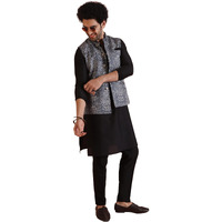 Kisah Men's Kurta Jacket Trouser Set, Black Cotton Blend, Floral Regular Fit Long Sleeves Mandarin Collar (L)