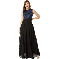 Miss Chase Women's Round Neck Sleeveless Georgette Floral Lace Fit & Flare Maxi Dress