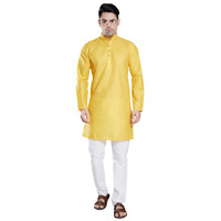 Divisive Men's Plain Cotton Blend Linen Slim Fit Kurta Pyjama Set (Dkrt72_Xl_Yellow)