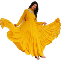 Fashion Basket Women's Georgette Solid Anarkali Dress Yellow