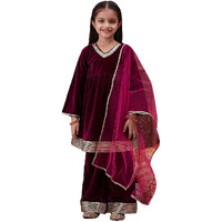 Pspeaches Girl's Silk Blend Kurta Set (Ks-Winevelvet-12_Wine