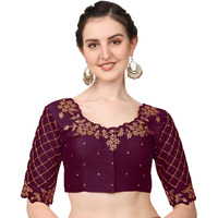 Pujia Mills Women's Embroidery Handwork, Rough Cut Work Stone Work Readymade Blouse (32, Wine)
