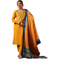 Ishin Women's Poly Silk Yoke Design Mustard Straight Kurta Suit Set With Trousers And Dupatta