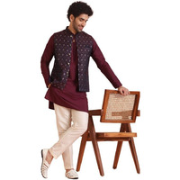 Kisah Men's Kurta Jacket Trouser Set, Navy Blue Silk Blend, Jacquard Regular Fit Mandarin Collar Long Sleeves, 38