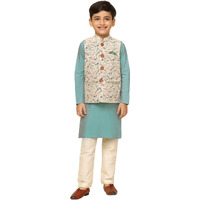 Kisah Boy's Cotton Blend Regular Fit Printed Multi White Kurta Jacket Pyjama Set (5-6Y)