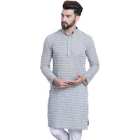 Sojanya (Since 1958 Men's Pure Cotton Grey With White Embroidery Only Long Kurta