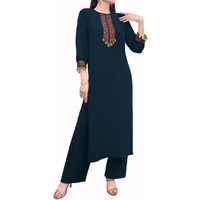 Tadkee Women's Vintage Patchwork With Pendant Decor Lace | 3/4 Sleeve | Kurta Set For Women (Fn-Pop-Lace-Kurta-Set-122-Teal-S)