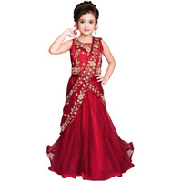 White Button New Stone And Embroidery Work Half Saree Styled Kids Lehenga Choli For Girls (5-6 Years, Red)