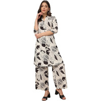 Fiorra Women's Off White Cotton Blend Printed Tunic With Palazzo Co-Ords Set Set0144