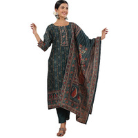 Ishin Women's Green Ethnic Motifs Printed Poly Silk Straight Kurta With Trousers & Dupatta
