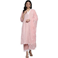 Varanga Women's Pink V Neck Thread Embroidered With Tonal Bottom And Chiffon Dupatta.