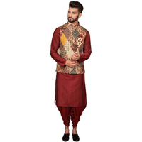 Kisah Men's Cotton Blend Full Sleeves Regular Fit Colourblocked Multi Color Kurta Jacket Dhoti Pants Set (M) Multicolour