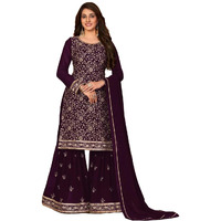 Xomantic Fashion Women's Embroidered Georgette Pakistani Suit Salwar Kamez Dupatta Set (X-Large, Dark Wine)