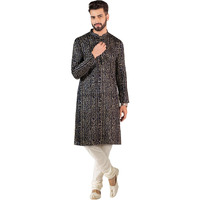 Kisah Men's Cotton Blend Long Sleeves Regular Fit Printed Royal Blue Kurta Churidar Set, Xl