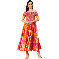 Kzully Women's Crepe Smocked Midi Dress (7001-Orange-Pink-Xs-Print_Orange