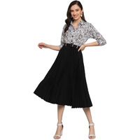 Kzully | Elegant A-Line Dress: Collared V-Neck Top, Pleated Skirt With Elastic Waist, Includes Belt Black