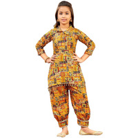 Aarika Girls Ethnic Wear Mustard Colour Abstract Printed Cotton Kurti Patiala Set With Belt (4-10 Years)