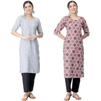 Pinkmint Kurta Set For Women Rayon Printed Stylish Neck Kurti With Pant Set (Pack Of 2) Silver-Pink