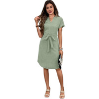 Gufrina Women Western Dresses In Solid, Relaxed Fit, V-Neckline, And Waist Tie-Up Design (Green Xl)