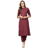 Idalia Cotton Kurta Set With Pant - Calf Length Straight Designer Kurta With 3/4 Sleeves, Mandarin Collar For Festive & Party Occasions Maroon