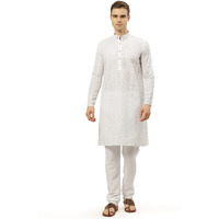 Jompers Men's White Embroidered Straight Kurta Pyjama Set. (White, L)