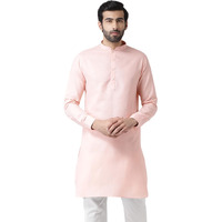 Kisah Men Light Pink Thread Work Kurta Full Sleaves, Knee Length, Straight, Regular Fit, Mandarin Collar Ethnic Wear