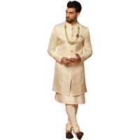 Kisah Kurta Sherwani Set For Men  Silk Blend Jacquard Textured Indo Western Kurta With Churidar | Designer Ethnic Outfit For Weddings & Festivals, Peach, 42