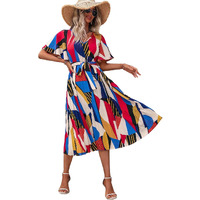 Kzully | Women A-Line Dress With Pleats, Has An V-Neck, Printed Top Comes With A Belt Blue