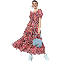 Miss Chase Women's Sweetheart Neck Puffed Sleeve Floral Maxi Dress With Pockets (Plus Size) (Mcaw21D06-35-252-08, Multicolored-Base-Wine, 3Xl)