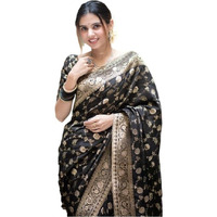 Flosive Women's Soft Kangivaram Silk Saree With Copper Zari Weaving With Boluse (Black)