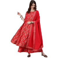 Ishin Women's Pure Cotton Anarkali Embroidered Gotta Patti Floral Print Red Kurta Suit Set With Palazzo Kplprmts-991D_S_Red
